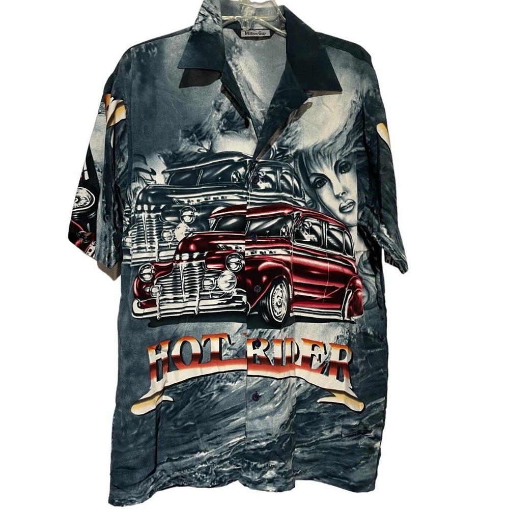 Million Guy Hot Rider Vintage Car Graphic Shirt Mens 15.5 Grey Red Short Sleeve